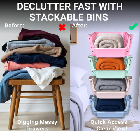 4 Pack Stackable Open Front Storage Bins For Pantry Organization And Kitchen Storage Durable Plastic Bins For Food Dorm Room Essentials And Home Organization With Deep Design For Narrow Shelves showing before and after use with folded clothes.