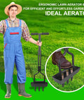 Gardener holding Manual Lawn Aerator With Soil Core Storage Tray For Clean Yard Care in field; close-up on aerator tip