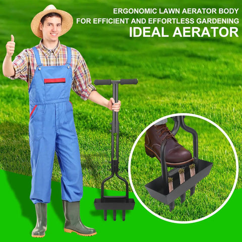 Gardener holding Manual Lawn Aerator With Soil Core Storage Tray For Clean Yard Care in field; close-up on aerator tip
