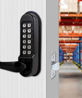 Heavy Duty Mechanical Push Button Keypad Lock With All Weather Coating on a door, black finish, 60mm latch, keyless entry system visible