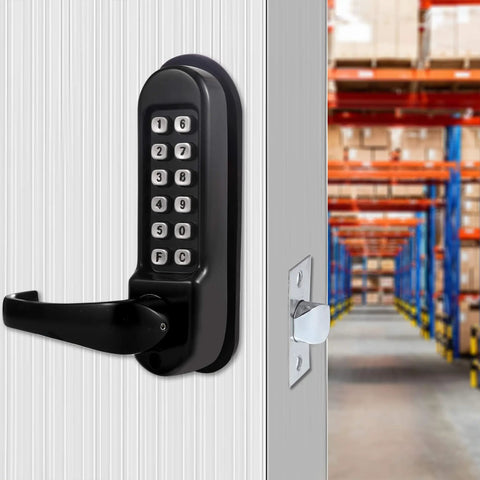 Heavy Duty Mechanical Push Button Keypad Lock With All Weather Coating on a door, black finish, 60mm latch, keyless entry system visible