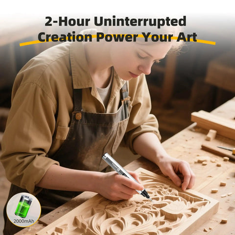Get Your Creative Gears Turning With This Badass 6-Speed Rotary Engraving Pen Featuring 41 Premium Bits And UsbC Rechargeable Power being used for wood carving.