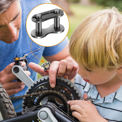 Man and child fixing bicycle chain with 41 Roller Chain Connecting Links Set Heavy Duty Master Manganese Steel Connectors.