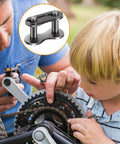 Father and child fixing bike chain with 10 Pack No 41 Roller Chain Connecting Links For Bicycles, Mini Bikes, Motorcycles, Go Karts, And Industrial Machinery, Beefed Up Heavy Duty Master Manganese Steel Connectors, ANSI No 41NP Single Strand, 0.5 Inch Pitch.