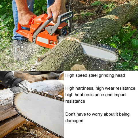20 Piece Chainsaw Sharpening Kit With Diamond Burr Files And Angle Guide For Drill Or Rotary Tool To Sharpen Chain Saw Blades And Lawn Mower Blades Fast Easy And Pro Grade For DIYers, shown sharpening chainsaw blade.
