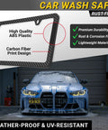 Slick Carbon Fiber License Plate Frame Set With A Dope Slim Profile And Fully Weatherproof Build For Quick Two Hole Universal Front Rear Swap On Your Daily Driver Ride displayed with a car in a wash.