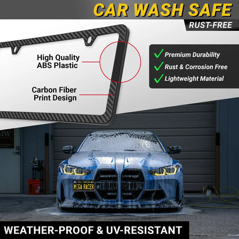 Slick Carbon Fiber License Plate Frame Set With A Dope Slim Profile And Fully Weatherproof Build For Quick Two Hole Universal Front Rear Swap On Your Daily Driver Ride displayed with a car in a wash.