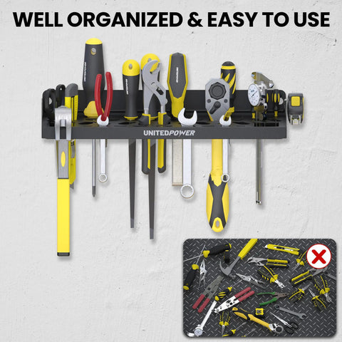 Wall Mount Tool Storage Rack With 51 Tool Holes For Screwdrivers, Wrenches, Pliers And More, Space Saving Utility Shelf in use