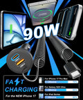 90W Fast USB C Car Charger With 3 Ports And 4ft Coiled Cable For 17e 17 16 15 Pro Max Air Plus And iPad layout with devices