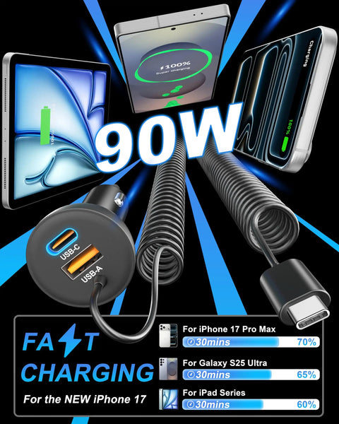 90W Fast USB C Car Charger With 3 Ports And 4ft Coiled Cable For 17e 17 16 15 Pro Max Air Plus And iPad layout with devices