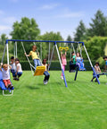 Heavy Duty Outdoor Metal Swing Set with 5 Foot Slide Teeter Totter for Two, Two Person Swing, kids playing in backyard