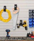 8 Pack Heavy Duty Large 13 Inch Extension Cord Organizer Straps hang loop storage holding cable, tools on a garage wall
