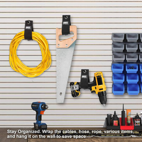 8 Pack Heavy Duty Large 13 Inch Extension Cord Organizer Straps hang loop storage holding cable, tools on a garage wall