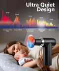 Deep Tissue Massage Gun With Detachable Extension Handle For Back And Shoulders Heated Percussion Massager shown near sleeping baby