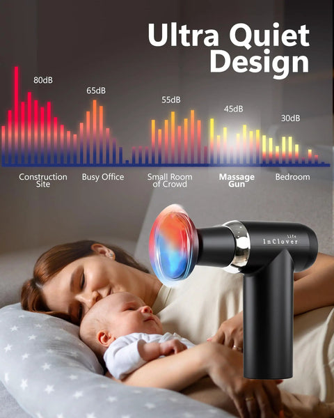 Deep Tissue Massage Gun With Detachable Extension Handle For Back And Shoulders Heated Percussion Massager shown near sleeping baby