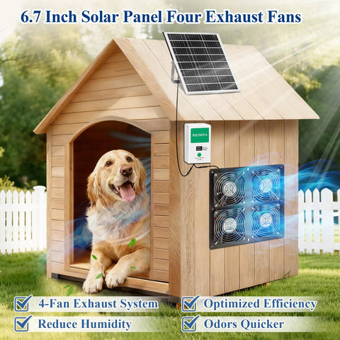 Solar Powered Exhaust Fan Kit With 25W Panel And 7500mAh Battery Four IP68 Waterproof Fans For Shed Chicken Coop Greenhouse And Dog House High Speed Cooling No Plug Needed Bracket Included