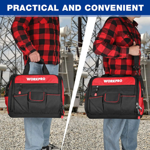 Man carrying Rugged Wide Mouth Tool Bag With Waterproof Rubber Base For All Tools Heavy Duty Pro Grade Organizer With 46 Pockets