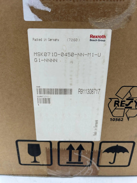 IndraDyn S Synchronous Servo Motor MSK071D-0450-NN-M1-UG1-NNNN R911308717 boxed label with Rexroth part number