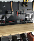 Heavy Duty Workbench With Attachable Tool Organizer, Adjustable And Durable, Built For Garage Or Workshop, Natural Wood Top Paired With Black Steel Frame