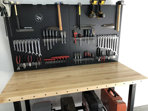 Heavy Duty Workbench With Attachable Tool Organizer, Adjustable And Durable, Built For Garage Or Workshop, Natural Wood Top Paired With Black Steel Frame