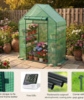 Outdoor Walk In Greenhouse 55 By 28 By 78 Inches With Three Tier Shelves Tool Free Setup Heavy Duty Durable PE Cover Weather Shield UV Protected For Garden And Backyard in garden setting with plants inside.
