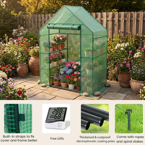 Outdoor Walk In Greenhouse 55 By 28 By 78 Inches With Three Tier Shelves Tool Free Setup Heavy Duty Durable PE Cover Weather Shield UV Protected For Garden And Backyard in garden setting with plants inside.