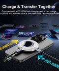 1TB Magnetic Portable SSD With PD 100W Fast Charging And Blazing 2050MB/s USB-C 3.2 Gen 2x2 Play While Charging, shown charging an iPhone.