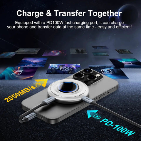 1TB Magnetic Portable SSD With PD 100W Fast Charging And Blazing 2050MB/s USB-C 3.2 Gen 2x2 Play While Charging, shown charging an iPhone.
