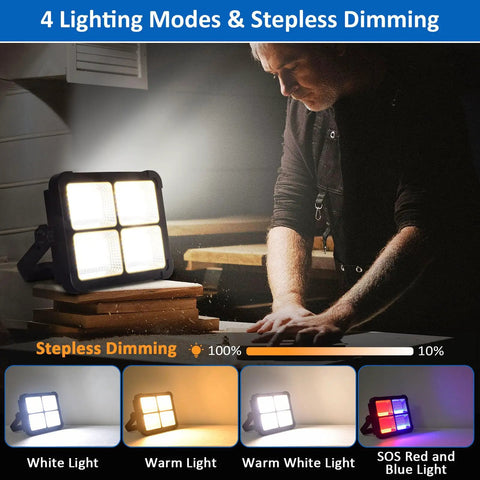 Powerful 100W Rechargeable Work Light With 336 LEDs in workshop setting, various lighting modes displayed below