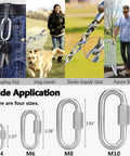 304 Stainless Steel Quick Link D Shape Locking Carabiner used for keys, dog leash, chain repair, and fence gate shown in various sizes.