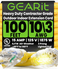 Heavy Duty 100 Ft Outdoor Extension Cord 10 3 Gauge SJTW 10 AWG 3 Prong Power Cable With Lighted End Waterproof