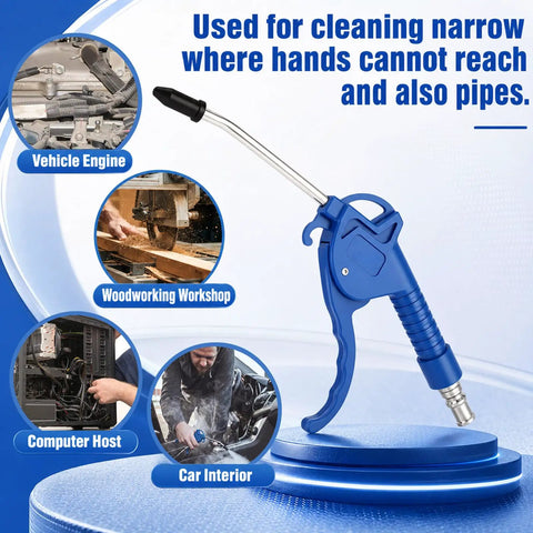 Kick Ass 20 Pack Air Blower Guns with 4 Inch Angled Stainless Steel Nozzles for cleaning vehicle engine and tight spaces.