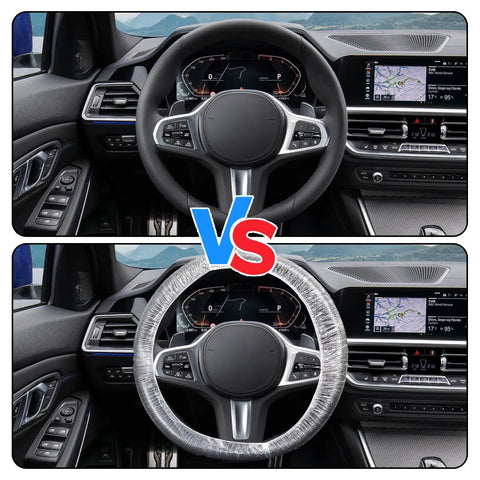Comparison of a car steering wheel with and without 100 Pack Disposable Steering Wheel Covers With Elastic Fit For Cars