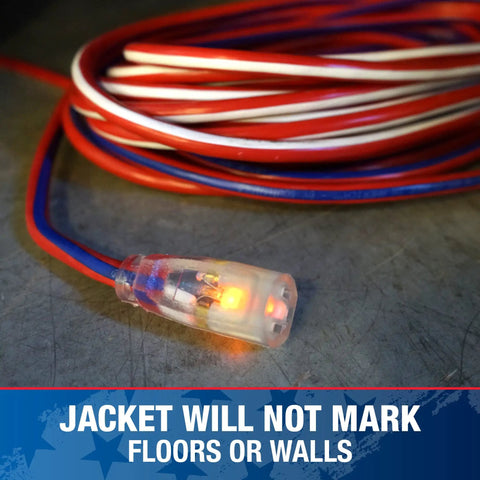 Patriotic 50 Foot 12 Gauge Heavy Duty Extension Cord With Lighted Plug For Indoor Outdoor Use All Purpose Contractor Grade SJTW Red White And Blue -40F To 140F Proud Partner Of Wounded Warrior Project