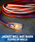 Patriotic red white blue 50 ft extension cord with lighted end, Beefy Built Tough Outdoor Extension Cord 50 Ft 12 Gauge 3 Conductor