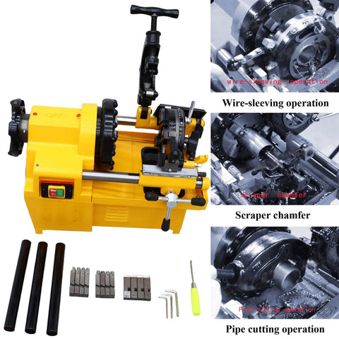 Heavy Duty Electric Pipe Threader 220V Threading Cutter with cutting, scraping, and wire-sleeving features for steel pipes.