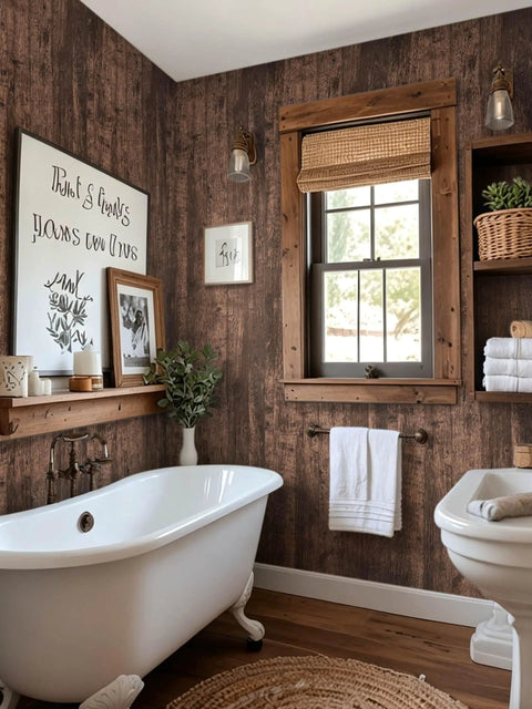 Bathroom with Dark Walnut Wood Peel And Stick Wallpaper Roll 590 Inch Long Seventeen Point Seven Inch Wide Self Adhesive Plank Grain