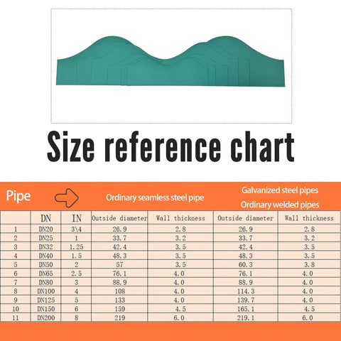Size chart for Pro Grade Pipe Saddle Template Cutting Guide Kit 11 Pieces For Plumbing And Metal Fabrication With Precise Arc Layout Tool