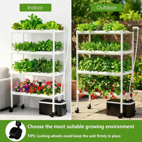 Indoor and outdoor use of Space Saving Vertical Garden Tower With Wheels, 108 Plant Sites Aquaponics Kit, showing leafy greens.