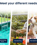 Image showing swimming pool, gardening, and pet bathing uses for Garden Hose End Pre Filter For Pools Hot Tubs Spas Ponds Inflatable Pool Reduces Chlorine Taste Odors And Sediment Delivers Purer Water For Up To 8000 Gallons 2 Pack.