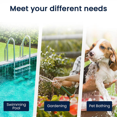 Image showing swimming pool, gardening, and pet bathing uses for Garden Hose End Pre Filter For Pools Hot Tubs Spas Ponds Inflatable Pool Reduces Chlorine Taste Odors And Sediment Delivers Purer Water For Up To 8000 Gallons 2 Pack.