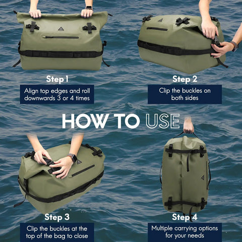 Step-by-step guide to using Waterproof Duffel Backpack 60L Heavy Duty Dry Gear Bag for camping, boating, and outdoor travel.