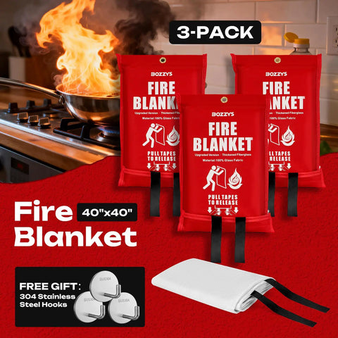 Three Pack Fire Blanket Set for Home and Kitchen, 40 by 40 inches, fiberglass construction with inner fire retardant film displayed