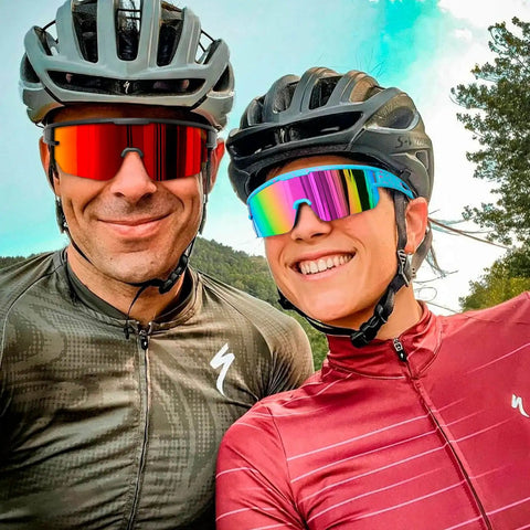 Two cyclists wearing Polarized UV400 Baseball Sunglasses For Men Women And Youth Cycling Running Fishing Sports Eyewear With HD Clarity And Glare Reduction.