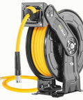 Boss Grade Premium Steel Retractable Air Hose Reel With Dual Arm Three Eighths Inch By Fifty Foot Hybrid Polymer Hose Heavy Duty Auto Rewind Quick Connect Coupler Durable Double-Sided Frame For Garage And Shop