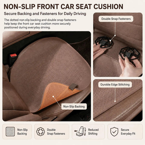 Non-Slip Front Car Seat Cushion Pad with secure backing and double snap fasteners for Mini Cooper SE and SUVs.