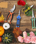 4 Pack All In One Garden Scissors Set With Stainless Steel Pruning Shears displayed with flowers and pumpkins on wooden background.