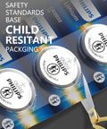 Five Pack CR2032 3V Lithium Coin Cell Batteries with Ten Year Shelf Life, featuring child-safe packaging design.
