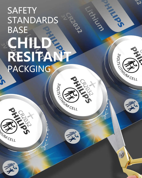 Five Pack CR2032 3V Lithium Coin Cell Batteries with Ten Year Shelf Life, featuring child-safe packaging design.