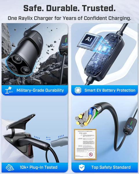 2026 Upgraded Tesla Mobile Home Charger Level 1 And 2 16 Amp Smart Schedule Nema 5 15 6 20 Plug showcasing durable connector and cable.